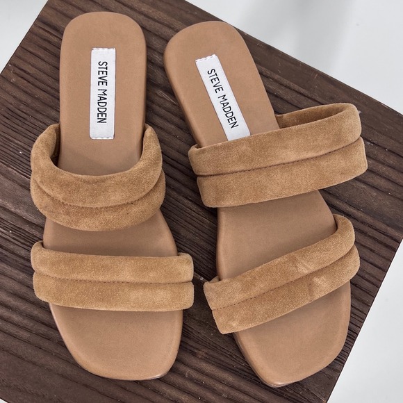 Steve Madden Shoes - Steve Madden Tan Suede‎ Padded Double Strap Square Toe Slide Sandals 9